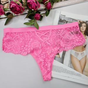 Stringi koronkowe wysoki stan z imitacją przewiązania plus size Lavita neonowy różowy