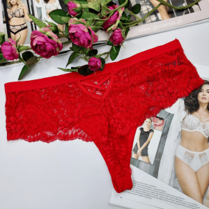 Stringi koronkowe wysoki stan z imitacją przewiązania plus size Lavita czerwony