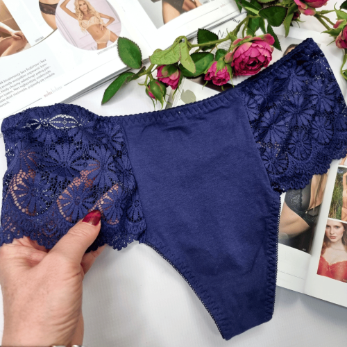 Stringi bawełniane z wysokim stanem plus size KONSTANCJA granatowy 2