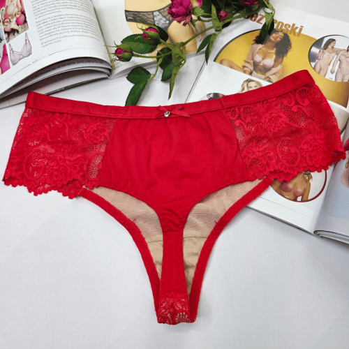 Stringi koronkowe wysoki stan plus size Cameron czerwony/ecru 3