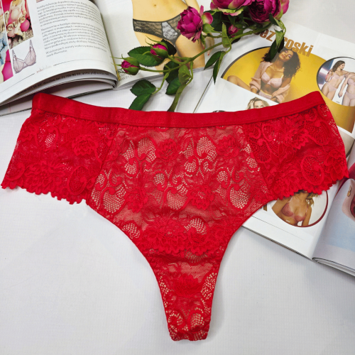 Stringi koronkowe wysoki stan plus size Cameron czerwony/ecru 1