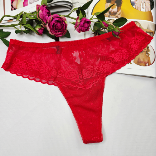 Stringi z haftowanej siateczki wysoki stan z ozdobnym tyłem plus size MARSELA czerwony 3