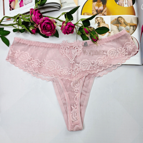 Stringi z haftowanej siateczki wysoki stan z ozdobnym tyłem plus size MARSELA pudrowy różowy 1