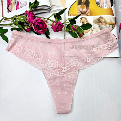 Stringi z haftowanej siateczki wysoki stan z ozdobnym tyłem plus size MARSELA pudrowy różowy 3