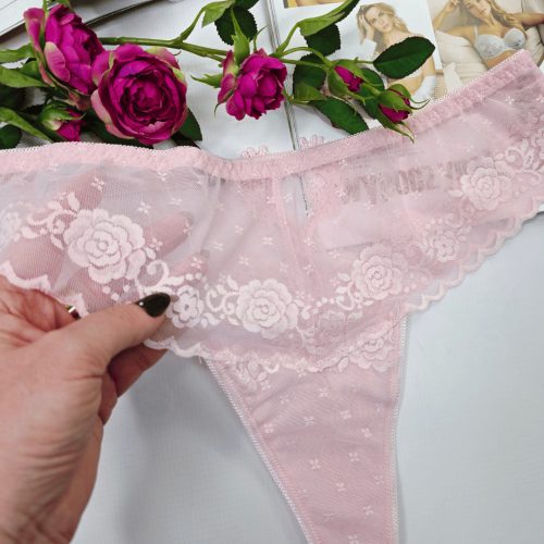 Stringi z haftowanej siateczki wysoki stan z ozdobnym tyłem plus size MARSELA pudrowy różowy 4