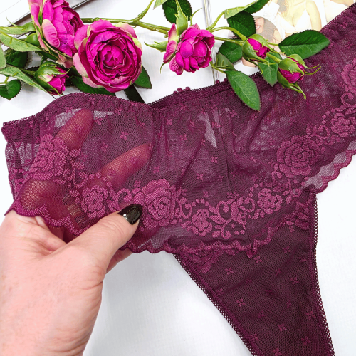 Stringi z haftowanej siateczki wysoki stan z ozdobnym tyłem plus size MARSELA bordowy 4
