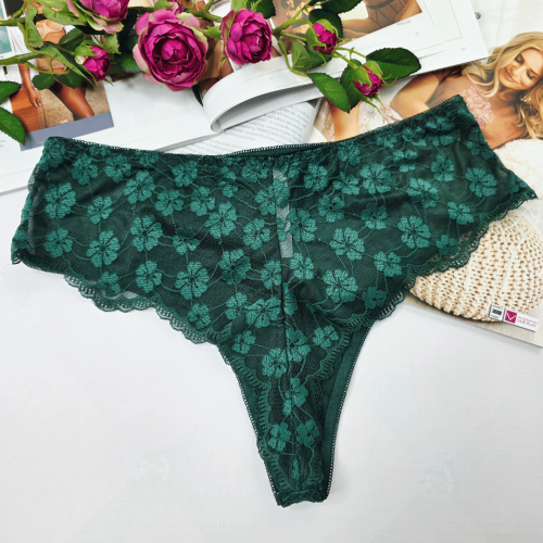 Stringi koronkowe z siateczką wysoki stan plus size ANGELINA butelkowa zieleń 2