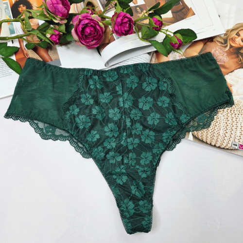 Stringi koronkowe z siateczką wysoki stan plus size ANGELINA butelkowa zieleń 1