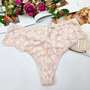 Stringi koronkowe z siateczką wysoki stan plus size ANGELINA pudrowy róż