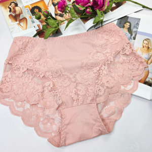 Majtki bawełniane z koronką wysoki stan plus size OFELIA pudrowy róż