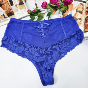 Brazyliany koronkowe wysoki stan z imitacją przewiązania plus size KAREN  granatowy