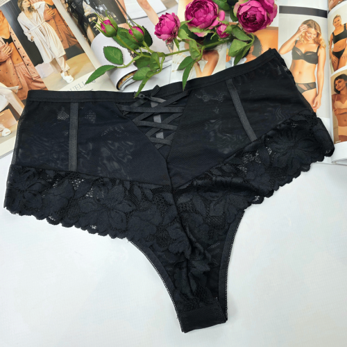 Brazyliany koronkowe wysoki stan z imitacją przewiązania plus size KAREN czarny 1