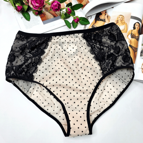Majtki z siateczki z koronką i ozdobnymi paseczkami wysoki stan TATIANA Limited Edition cielisto/czarny 1