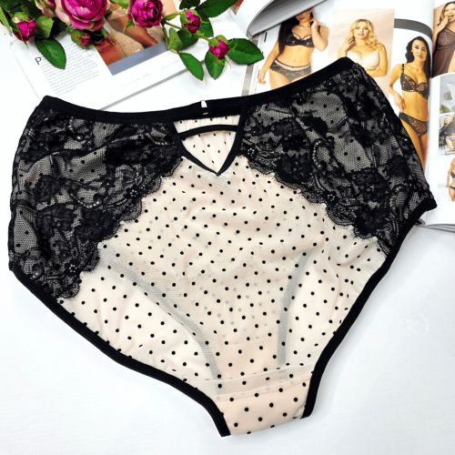 Majtki z siateczki z koronką i ozdobnymi paseczkami wysoki stan TATIANA Limited Edition cielisto/czarny 4