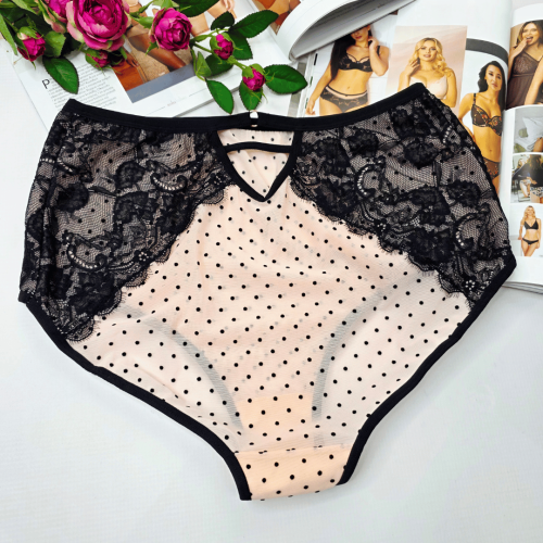 Majtki z siateczki z koronką i ozdobnymi paseczkami wysoki stan TATIANA Limited Edition pudrowo/czarny 4