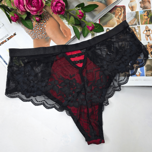 Brazyliany koronkowe wysoki stan z imitacją przewiązania plus size ALINA No.2 czarno-czerwony 1