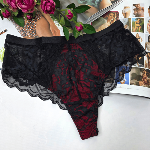 Brazyliany koronkowe wysoki stan z imitacją przewiązania plus size ALINA No.2 czarno-czerwony 4