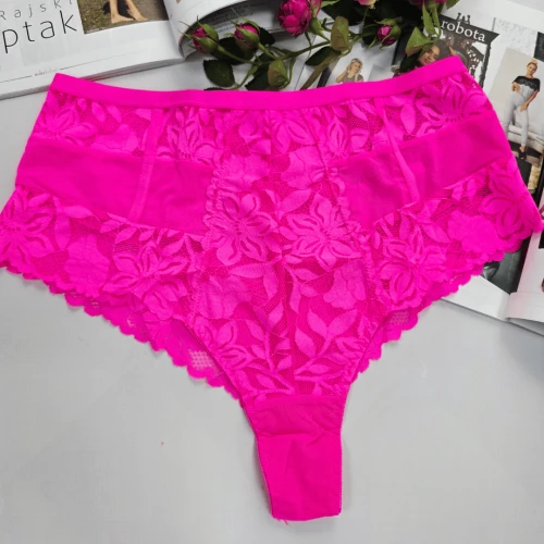 Brazyliany koronkowe wysoki stan z imitacją przewiązania plus size KAREN różowy 3