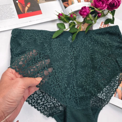 Majtki bawełniane koronkowe wysoki stan plus size KLARA butelkowa zieleń 2