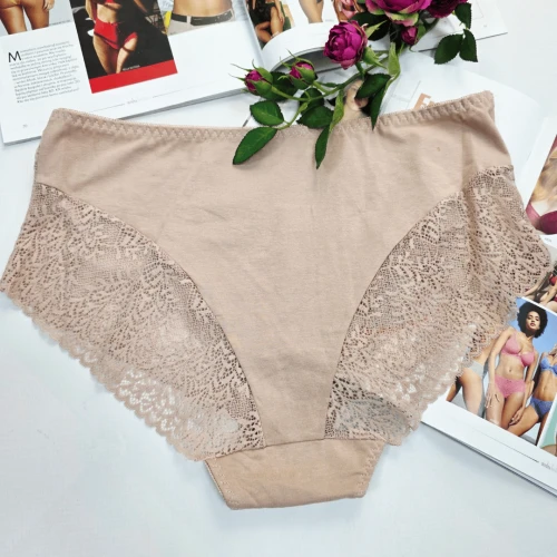 Majtki bawełniane koronkowe wysoki stan plus size KLARA pudrowy 3